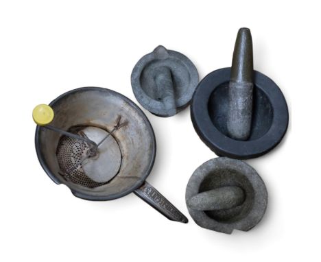 3 stoneware pestles and mortars, largest 19.5cm across, and a moulin legumes grinder 