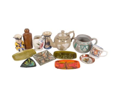 A 1920s stoneware teapot, H17cm, a glazed terracotta jug, a Laura Knight George VI mug, Poole Delphis dish and 2 others, etc 