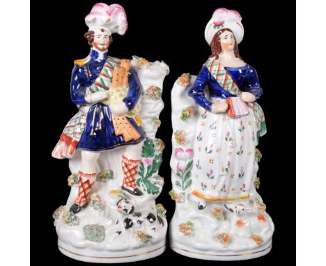 A pair of Staffordshire flatback ceramic figurines, Scottish couple, gentleman figure wearing cobalt blue tunic, holding bagp