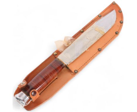 A Bowie type knife with leather scabbard 