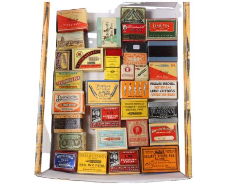 A collection of Vintage advertising boxes, all containing pen nibs, lino cutters, etc 