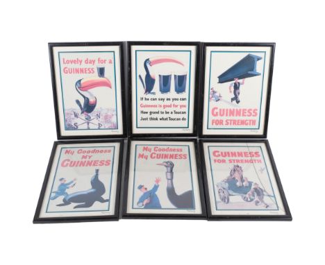 6 Vintage framed Guinness advertising signs, signed Eilroy?, height 31cm overall, and an envelope containing unframed Guinnes