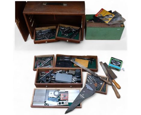 A wooden engineer's tool chest and contents, and a box of hand tools, etc 