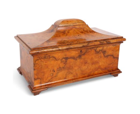 An early 19th century burr-walnut tea caddy of sarcophagus form, with fitted lidded boxes (no mixing bowl), on bracket feet, 