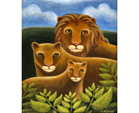 Jerzy Marek (Polish, b.1925) - 'Portrait'
Depicting a lion, lioness and lion cub, oil on board, signed, inscribed and dated 1