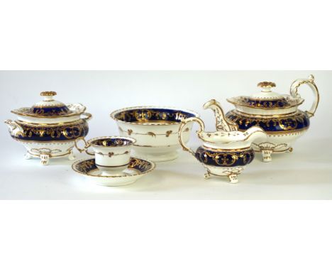 A 19th Century English porcelain tea service
Comprising teapot, two cake plates, milk jug, sugar bowl, five teacups, five sau