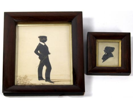 Two late 19th/early 20th Century silhouettes
The first in the manner of Mrs Harrington, depicting a lady wearing a bonnet in 