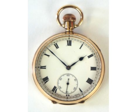 A 1920's 9ct gold gentleman's open faced pocket watch
The white Roman dial with outer minute track and subsidiary second dial