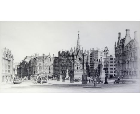 Marc Grimshaw (British, b.1957) - 'Albert Square, Manchester'
Pencil drawing, signed, approx 28x48cm, framed. CONDITION REPOR