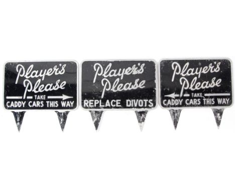 A group of three 1950s 'Players Please' golf tin plate enamel peg signs
Each of rectangular rounded form with triangular stan
