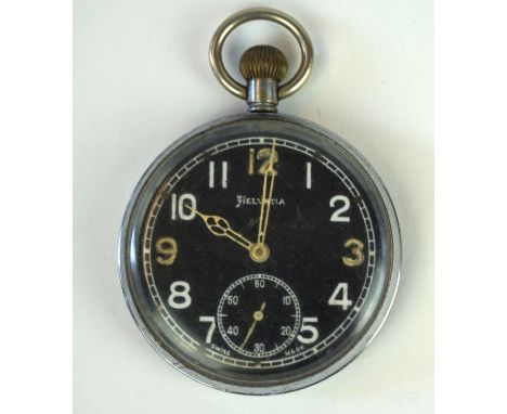 A World War II period military issued pocket watch
The black face with white Arabic numerals marked Helvetia, Swiss made, sta