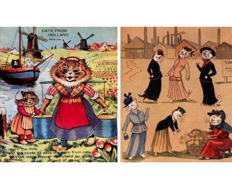 After Louis Wain (British, 1860-1939) - An over painted and hand coloured print Depicting six female cats dressed as Edwardia