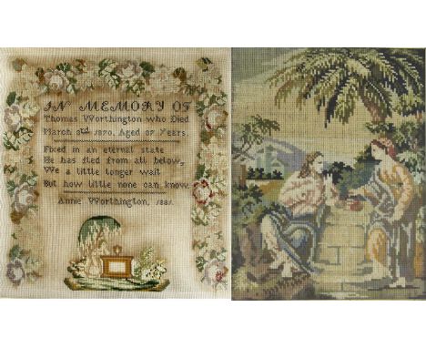 Two Victorian woolwork samplers by Annie Daniel (nee Worthington)
The first inscribed "In memory of Thomas Worthington who di