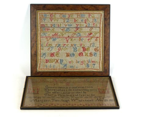 Two 19th Century samplers
The first embroidered by Violet Hunt and dated 1897, with several lines of alphabet embroidery, set