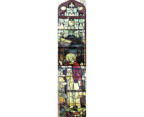 Stained glass panel 'I am the light of the world', late 19th Century
Depicting Jesus Christ, holding a lamp, set in a natural