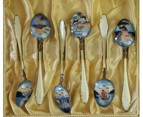 A set of six sterling Norwegian silver and enamelled teaspoons
The bowls having enamelled decoration of sailing vessels in la