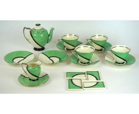 A Royal Doulton Art Deco tea service 
Decorated in the De Luxe pattern, comprising teapots, cream jug, four cups, six saucers