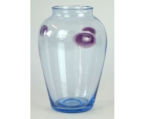 Contemporary glass vase
Of tapering cylindrical form, having three relief purple glass roundels, pencil mark to base, height 