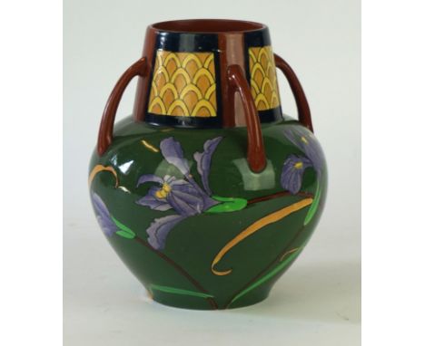 Arts & Crafts Foley Intarsio ceramic vase
Of bulbous form having four handles decorated with geometric panels on a green grou