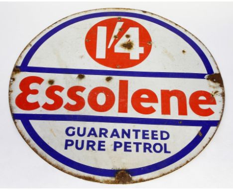 A mid 20th Century Essolene enamel sign
Of circular form, with text '¼ Essolene guaranteed pure petrol', painted in red, blue