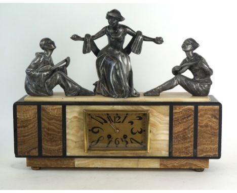 Art Deco alabaster and spelter rectangular mantel clock
Having three spelter figures depicting two boys playing mandolins bes