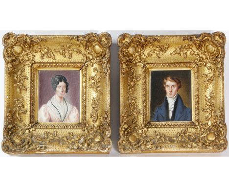 A pair of 19th Century ivory portrait miniatures, signed W. R. Walters
The first depicting a young gentleman wearing high nec