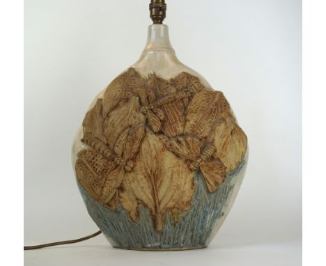 Post War Bernard Rooke Studio Pottery table lamp
Relief decorated with dragonflies against skeletal leaves, unmarked.