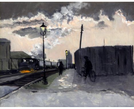 Kenneth Gribble (British, 1925-1995) - 'Shunting Engine - Night'
Oil on panel, circa 1954, bears printed and hand written lab