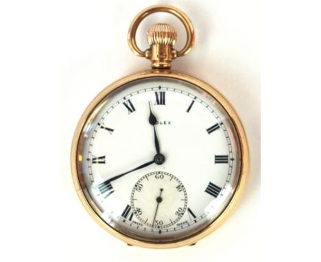 A 1920's Rolex 9ct gold gentleman's open faced pocket watch
The Roman dial with outer minute track and subsidiary second dial