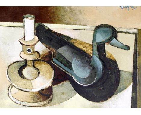 Geoffrey Key (British, b.1941) - 'Candlestick & Decoy'
Oil on board, signed and dated (19) 90, titled verso by artist, also b