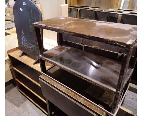 Two wooden bookcases and a fire screen and trolley, largest 90 x 90 cm. Not available for in-house P&amp;P 