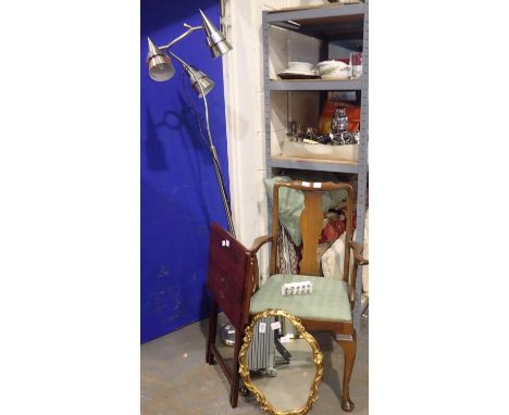 Mixed furniture including a gilt framed mirror, standard lamp, folding table and a chair (4). Not available for in-house P&am