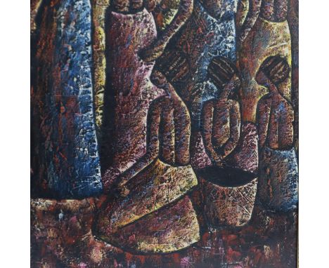 In the manner of Madlo Lucky Sibiya (South African, 1942-1999): oil on canvas, seven figures, indistinctly signed and signatu