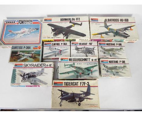 Monogram - Emhar - 11 x boxed 1:72 scale military aircraft model kits including, # 6790 Curtiss P-36A, # 6813 Tigercat F7F-3,