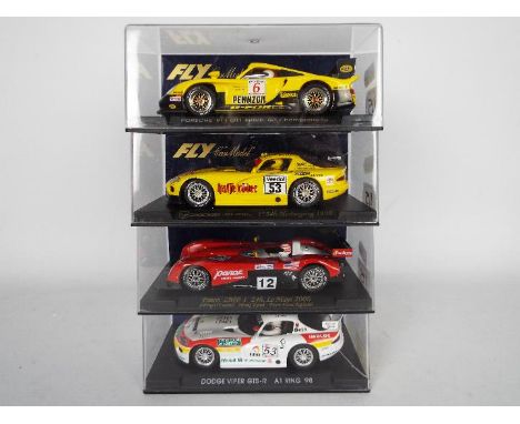 Fly - Four boxed 1:32 scale slot cars. Lot consists of A56 Porsche 911 GT1 EVO Amarillo British GT Championship; A87 Viper GT