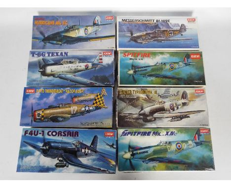 Academy - 8 x boxed 1:72 scale military aircraft model kits including # 1668 Messerschmitt Bf 109E, # 1664 Hawker Typhoon Mk 