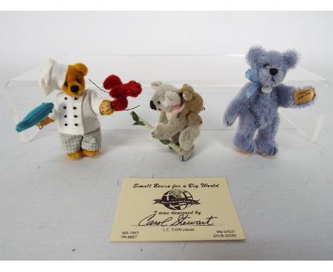 World Of Miniature Bears - 3 x small bears, Malcolm by Stacy Pio is dated 2001 and he stands 7 cm tall with a stitched nose a