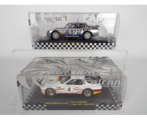 Falcon Slot Cars - 2 x 1:32 scale Porsche 924 Le Mans models, a 1980 Carrera GT as driven by Jurgen Barth and Manfred Schurti