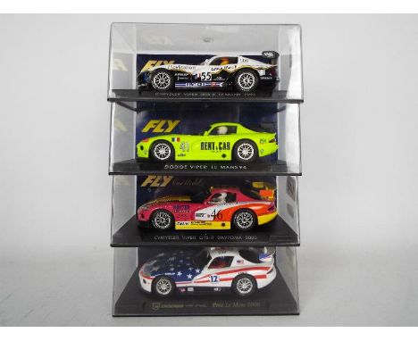 Fly - Four boxed Fly Chrysler / Dodge Viper 1:32 scale slot cars. Lot consists of A88 Viper Barras y Estrellas Petit Le Mans 