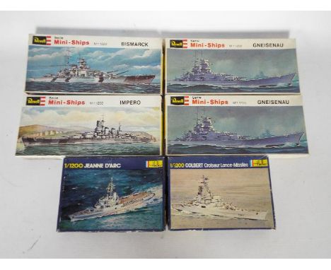 Revell - Heller - A group of 6 x boxed 1:1200 scale ship model kits including Bismarck, Impero and Gneisenau. Some of the kit