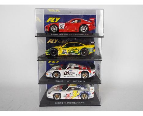 Fly - Four boxed 1:32 scale slot cars. Lot consists of A9 Viper GTS-R British GT Champion 1998; A106 Lister Storm Donington P