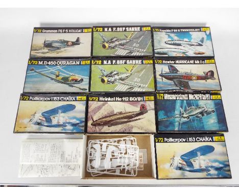 Heller - 10 x boxed 1:72 scale military aircraft model kits including # 269 Hawker Hurricane Mk IIc, # 272 Grumman Hellcat F6