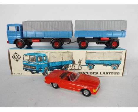 CKO - 2 x Mercedes models, a boxed 1:35 scale pressed steel Mercedes Benz rigid truck and drawbar trailer with load covers. #