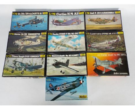 Heller - 10 x boxed 1:72 scale aircraft model kits including # 271 Bell P-39 Q Airacobra, # 228 Bucker Bu133 Jungmeister, # 8