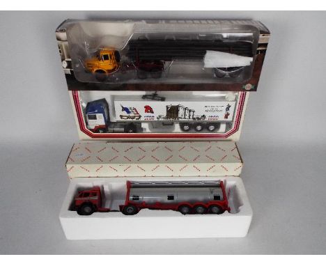 NZG - Surber - Altaya - 3 x boxed 1:43 scale articulated trucks, Mercedes Container Tanker # 317, a limited edition Louis Sur