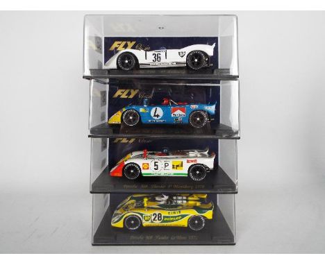 Fly - Four boxed Fly Porsche 908 1:32 scale slot cars. Lot consists of C13 BP; C45 Flunder Le Mans 1973; C41 Flunder Martini 