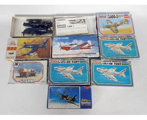 Emhar - Fujimi - JB Models - 8 x boxed military model kits mostly in 1:72 including # EM1001 FJ-4B Fury, # 2 Chance Vought Co