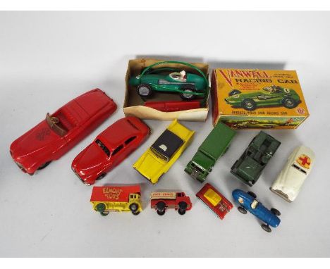 Chad Valley - Marx - Tri-ang - Elmont - A collection of 11 x vintage tinplate and plastic vehicles including Marx Fire Chief 