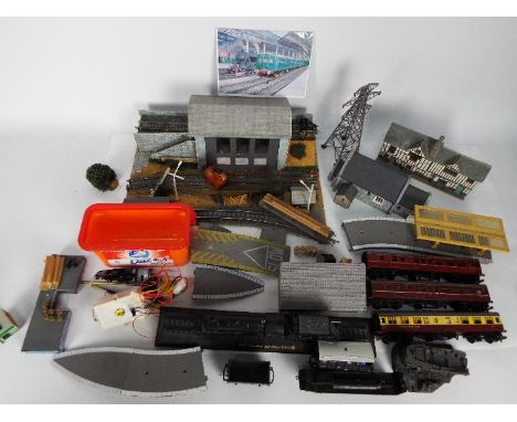 Hornby - A box of 00 gauge items including 3 x carriages, 3 x wagons, some buildings in card and resin and some other line si