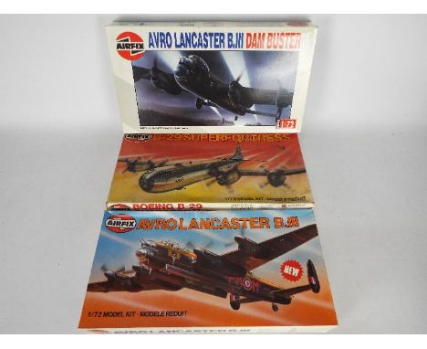 Airfix - Three boxed vintage 1:72 scale military aircraft plastic model kits by Airfix. Lot includes #08002 1:72 Avro Lancast